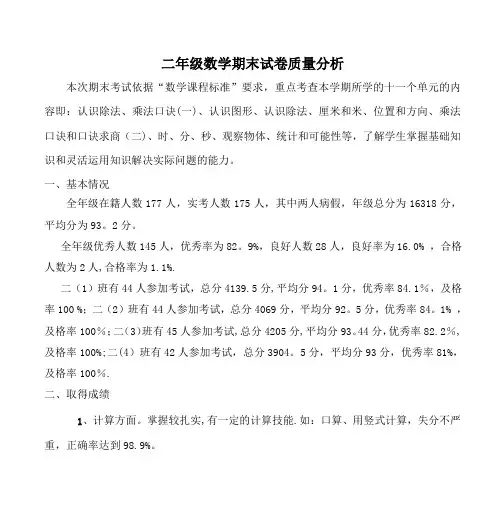 二年级数学期末试卷质量分析