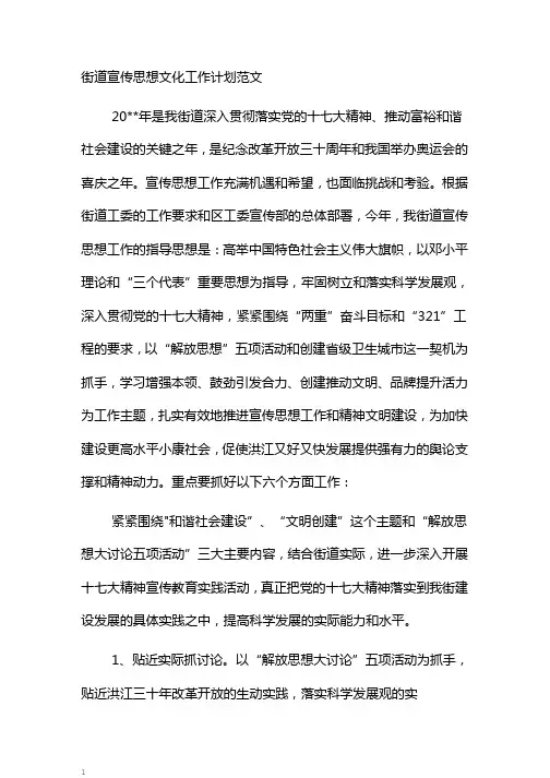 街道宣传思想文化工作计划范文