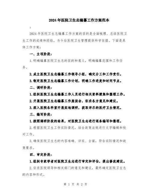 2024年医院卫生志编纂工作方案范本
