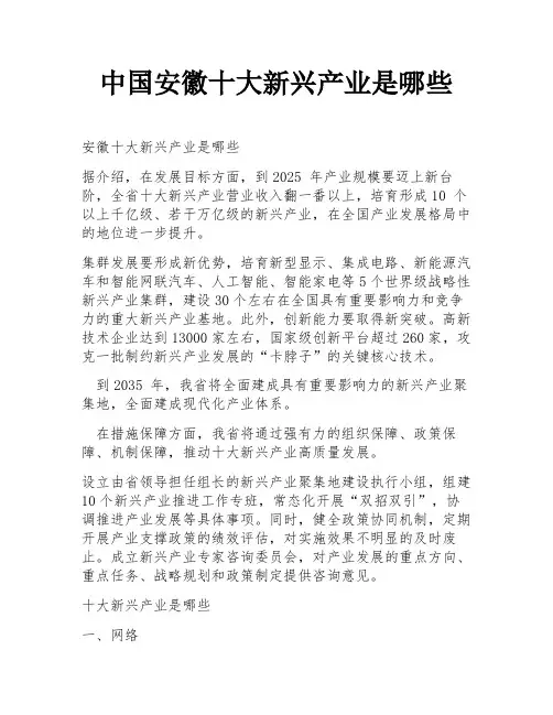 中国安徽十大新兴产业是哪些