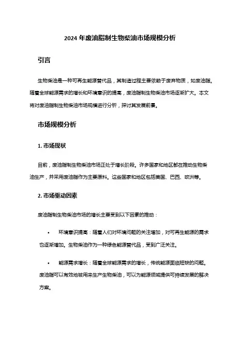 2024年废油脂制生物柴油市场规模分析
