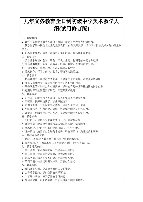 九年义务教育全日制初级中学美术教学大纲(试用修订版)