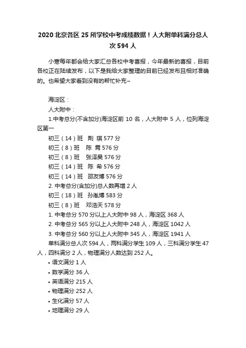 2020北京各区25所学校中考成绩数据！人大附单科满分总人次594人