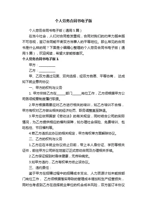 个人劳务合同书电子版（通用5篇）
