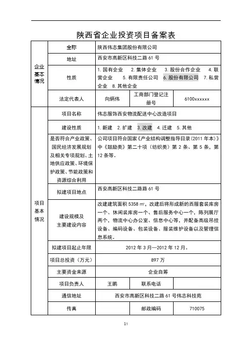 陕西省项目立项备案表