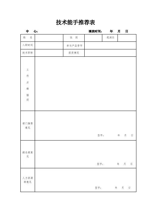 技术能手奖推荐表