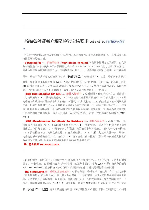 船舶各种证书介绍及检验审核要求