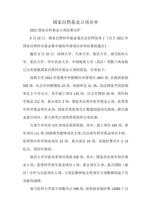 国家自然基金立项名单