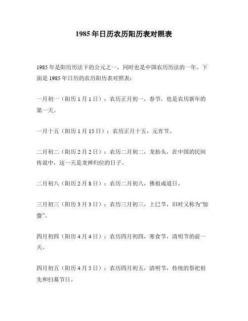 1985年日历农历阳历表对照表
