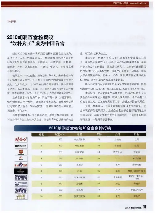 2010胡润百富榜揭晓“饮料大王”成为中国首富