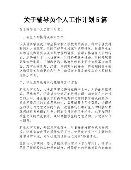 关于辅导员个人工作计划5篇