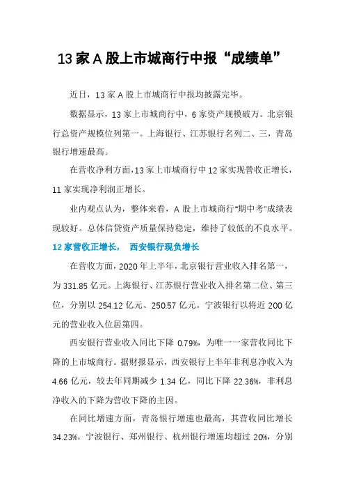 13家A股上市城商行中报“成绩单”