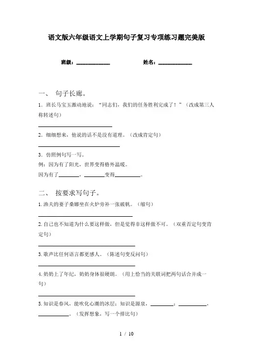 语文版六年级语文上学期句子复习专项练习题完美版
