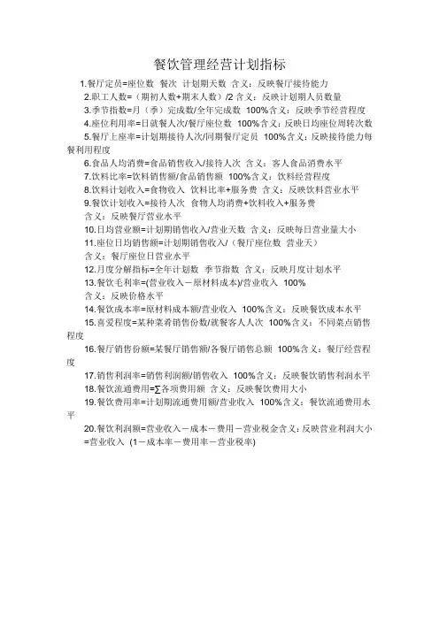 餐饮管理经营计划指标