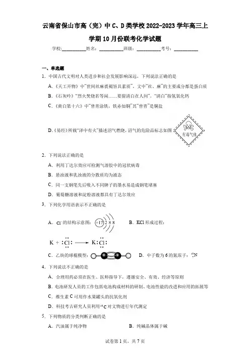 云南省保山市高(完)中C、D类学校2022-2023学年高三上学期10月份联考化学试题