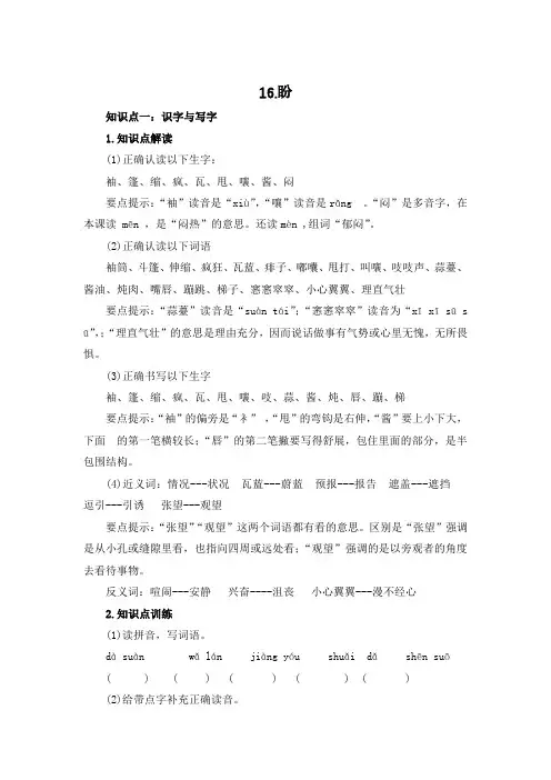 六年级上册语文知识点解读训练 16盼(含答案)