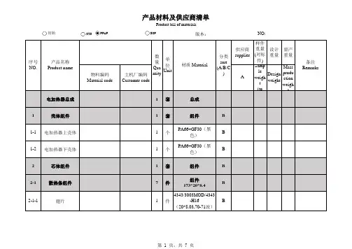 PTC车用加热器 BOM表(材料清单)