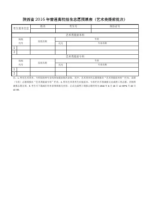 2016年高考填报志愿样表