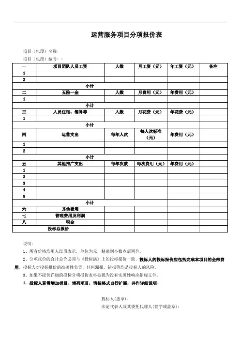 运营服务项目分项报价表