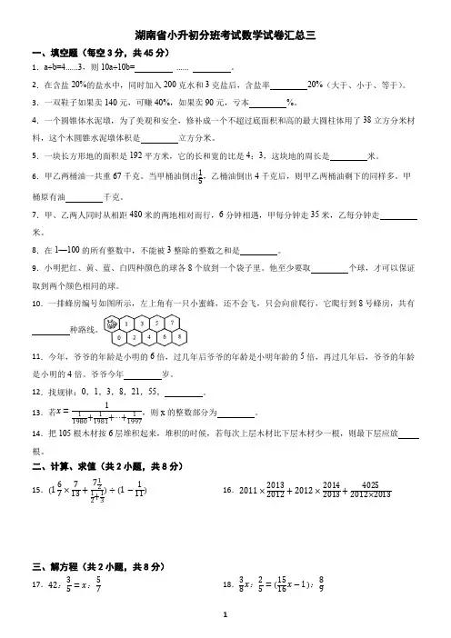 湖南省小升初分班考试数学试卷汇总三(含答案)
