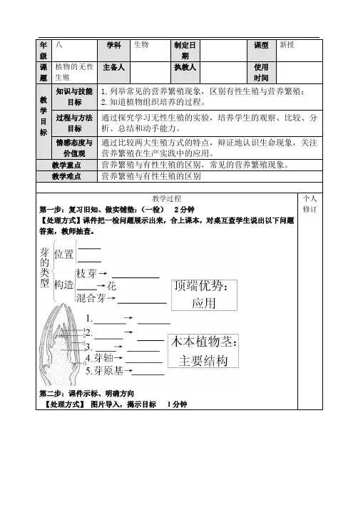 济南版八年级生物上册417植物的无性生殖导学案