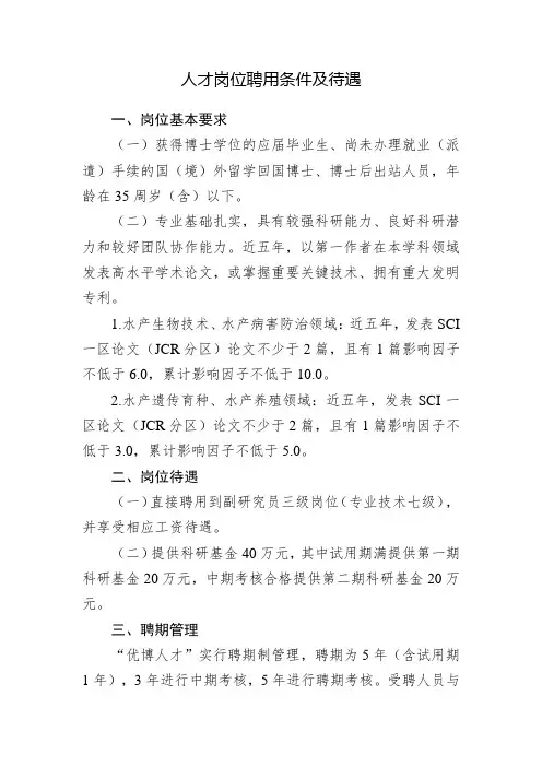 人才岗位聘用条件及待遇
