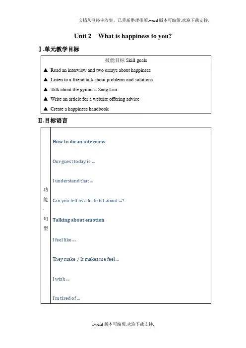 牛津译林版高中英语选修六Unit2Whatishappinesstoyouword教案