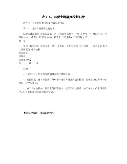 表2.5混凝土坍落度检测记录