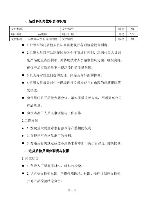 品质部人员职责与权限