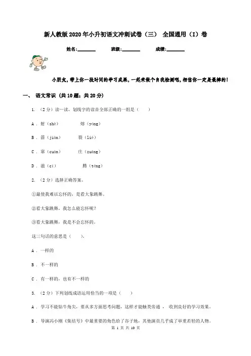 新人教版2020年小升初语文冲刺试卷(三) 全国通用(I)卷