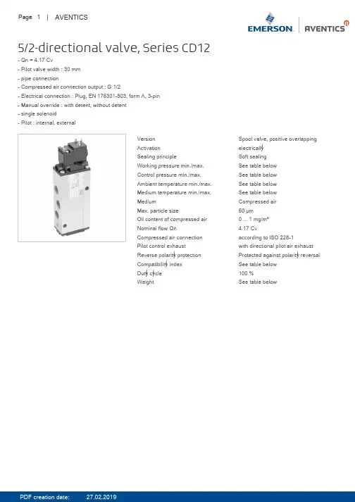 AVENTICS 5 2-方向式弹簧阀门系列CD12说明书