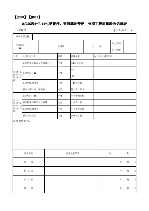 钢管杆、铁塔基础开挖  分项工程质量验收记录表