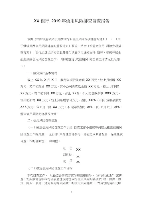 XX银行2019年信用风险排查自查报告