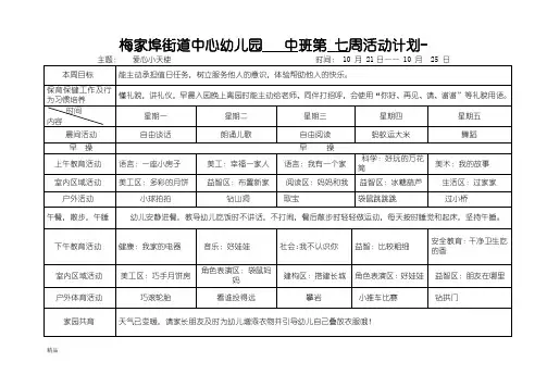 中班第七周周计划活动表