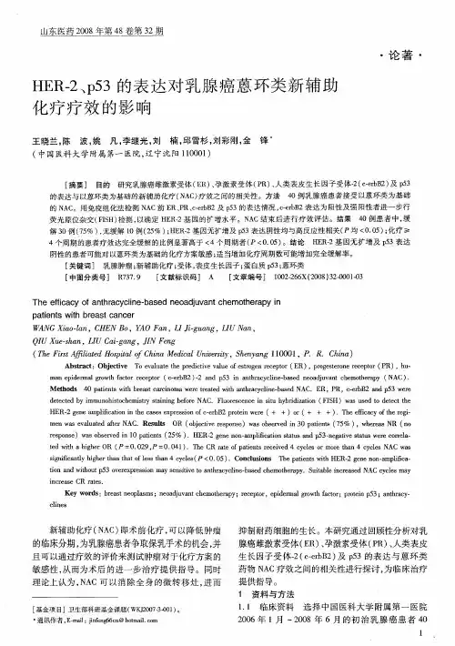 HER-2、p53的表达对乳腺癌蒽环类新辅助化疗疗效的影响