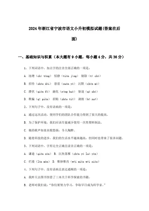 浙江省宁波市语文小升初试题与参考答案(2024年)