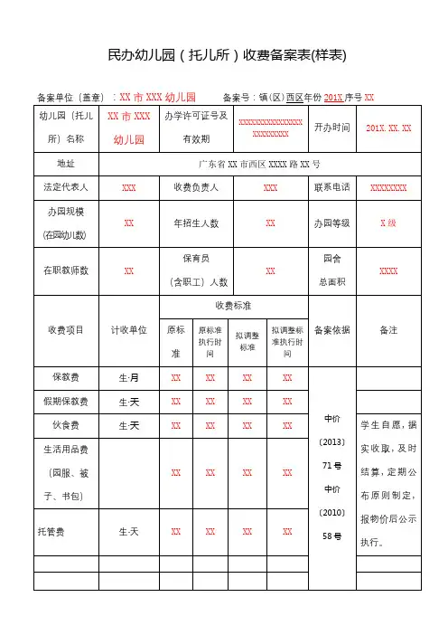 民办幼儿园(托儿所)收费备案表(样表)【模板】