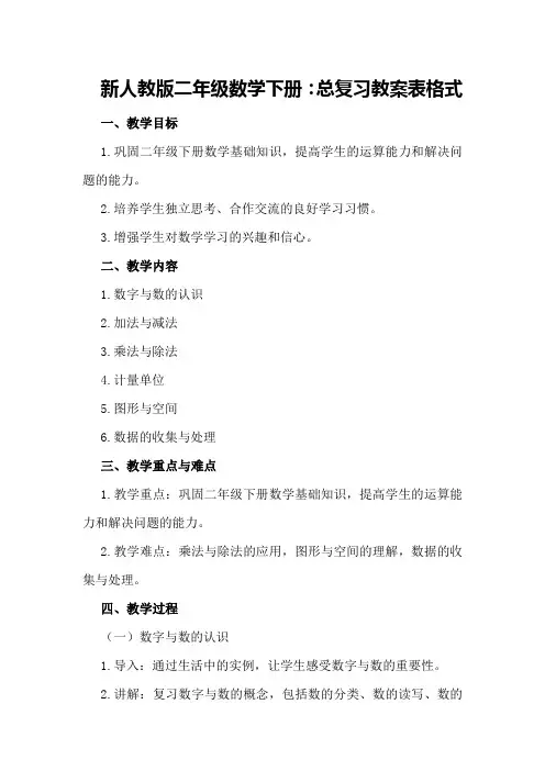 新人教版二年级数学下册：总复习教案表格式