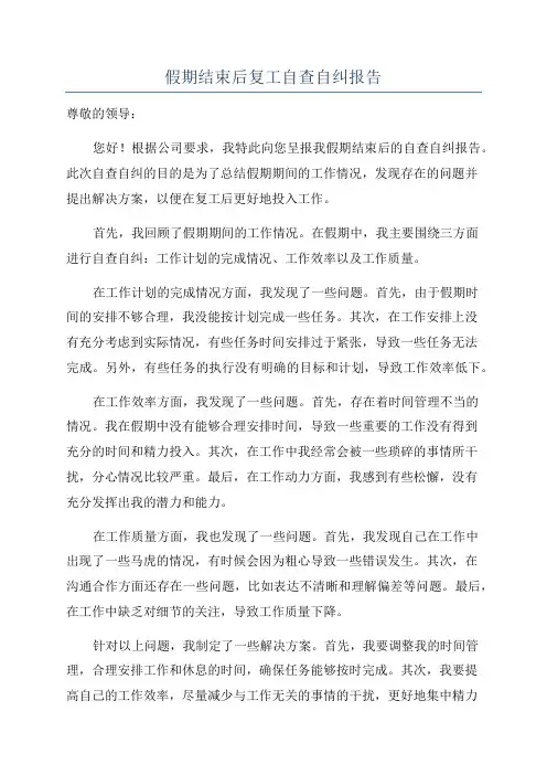 假期结束后复工自查自纠报告