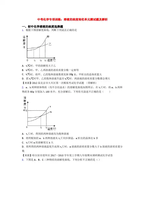 中考化学专项训练：溶液的浓度培优单元测试题及解析