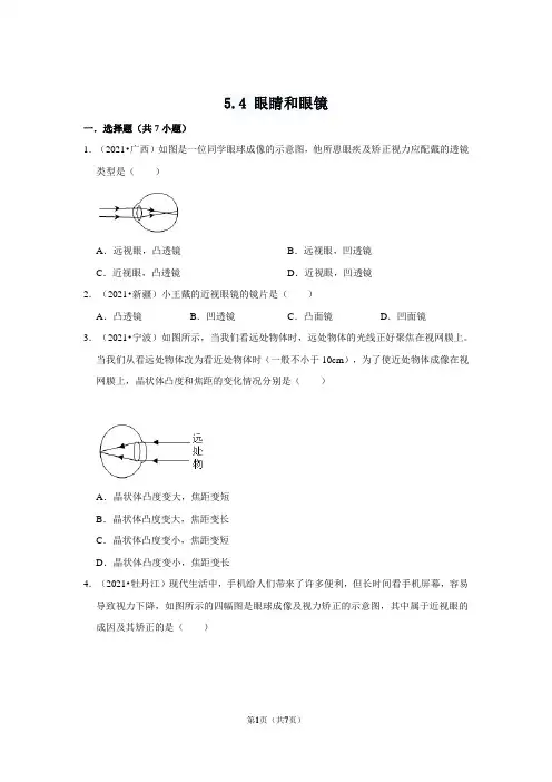 眼睛和眼镜   练习(解析版含2021中考真题)-2021-2022学年人教版物理八年级上册
