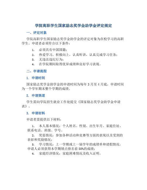 学院高职学生国家励志奖学金助学金评定规定
