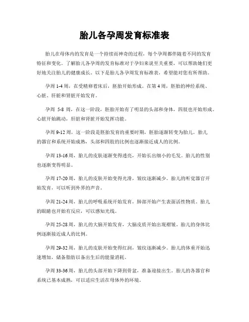 胎儿各孕周发育标准表