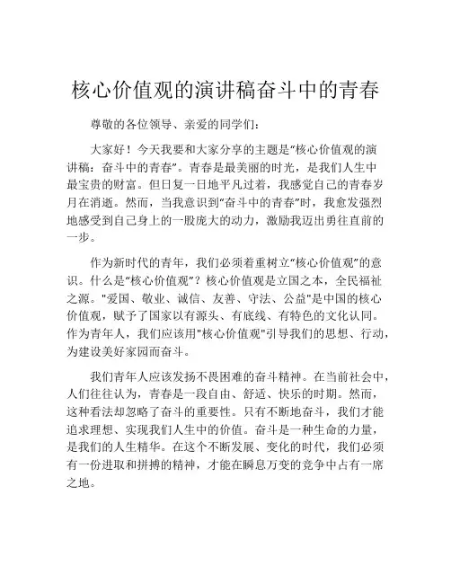 核心价值观的演讲稿奋斗中的青春