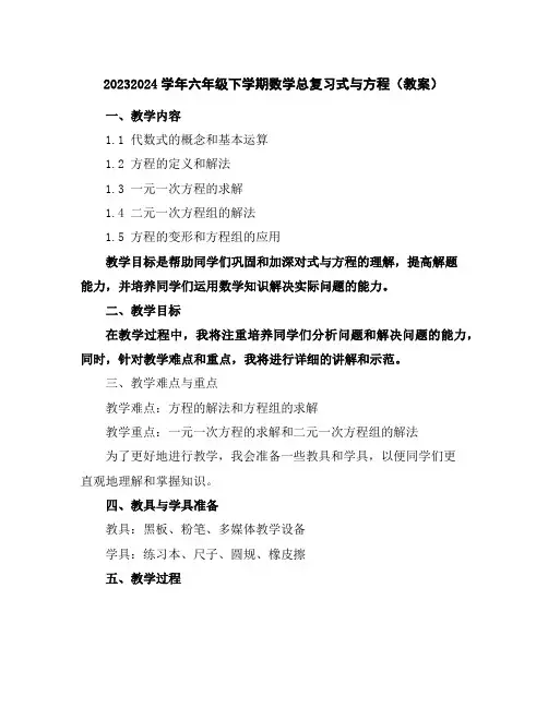 2023-2024学年六年级下学期数学总复习-式与方程(教案)
