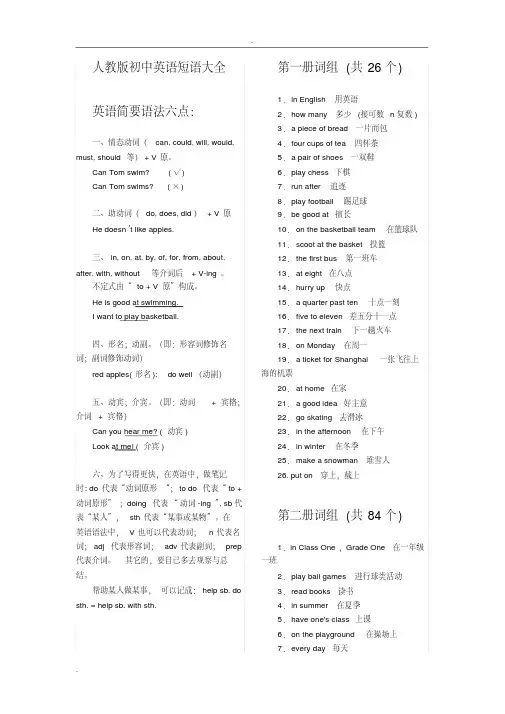 (完整版)人教版初中英语短语大全