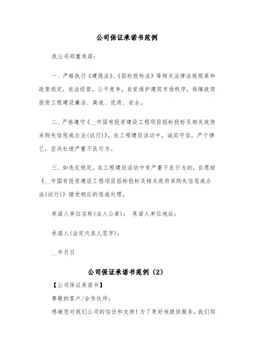 公司保证承诺书范例（3篇）
