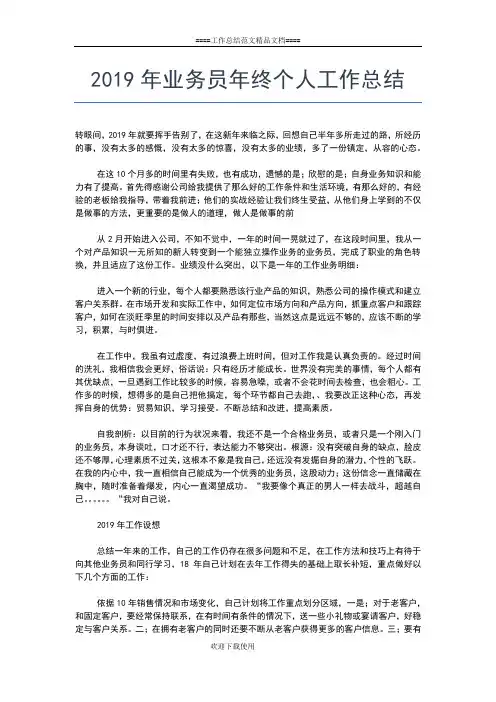 2019年最新业务员个人年终工作总结范文工作总结文档【五篇】