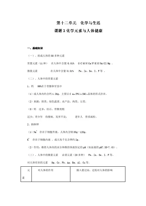 人教版九年级化学下册《化学元素与人体健康》测试题(含答案)
