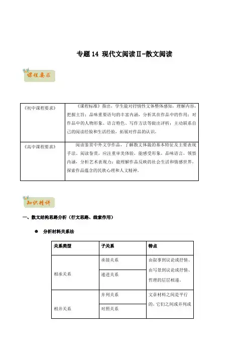 专题14 现代文阅读Ⅱ-散文阅读_-2021年初升高语文无忧衔接(统编版)(解析版)